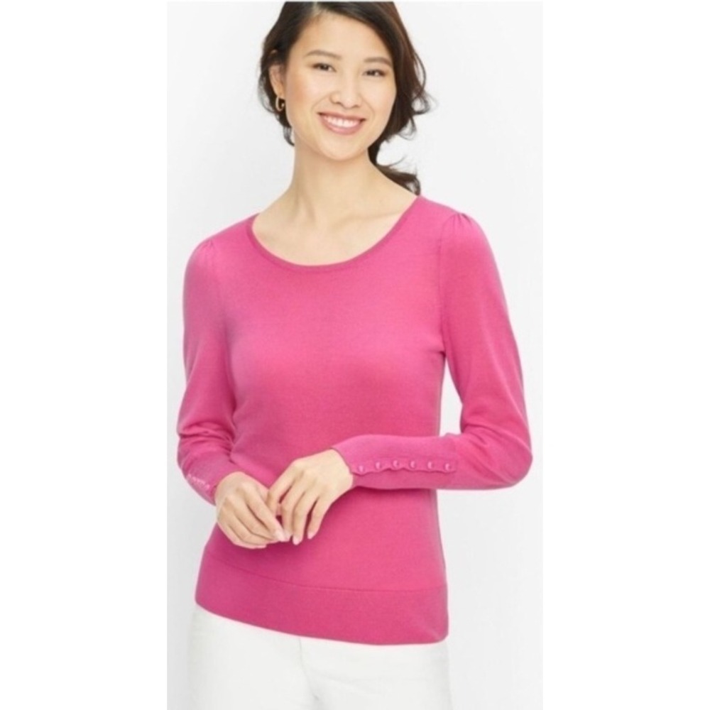 Talbots Pink Merino Wool Scoop Neck Sweater Pearl Button Cuffs XL